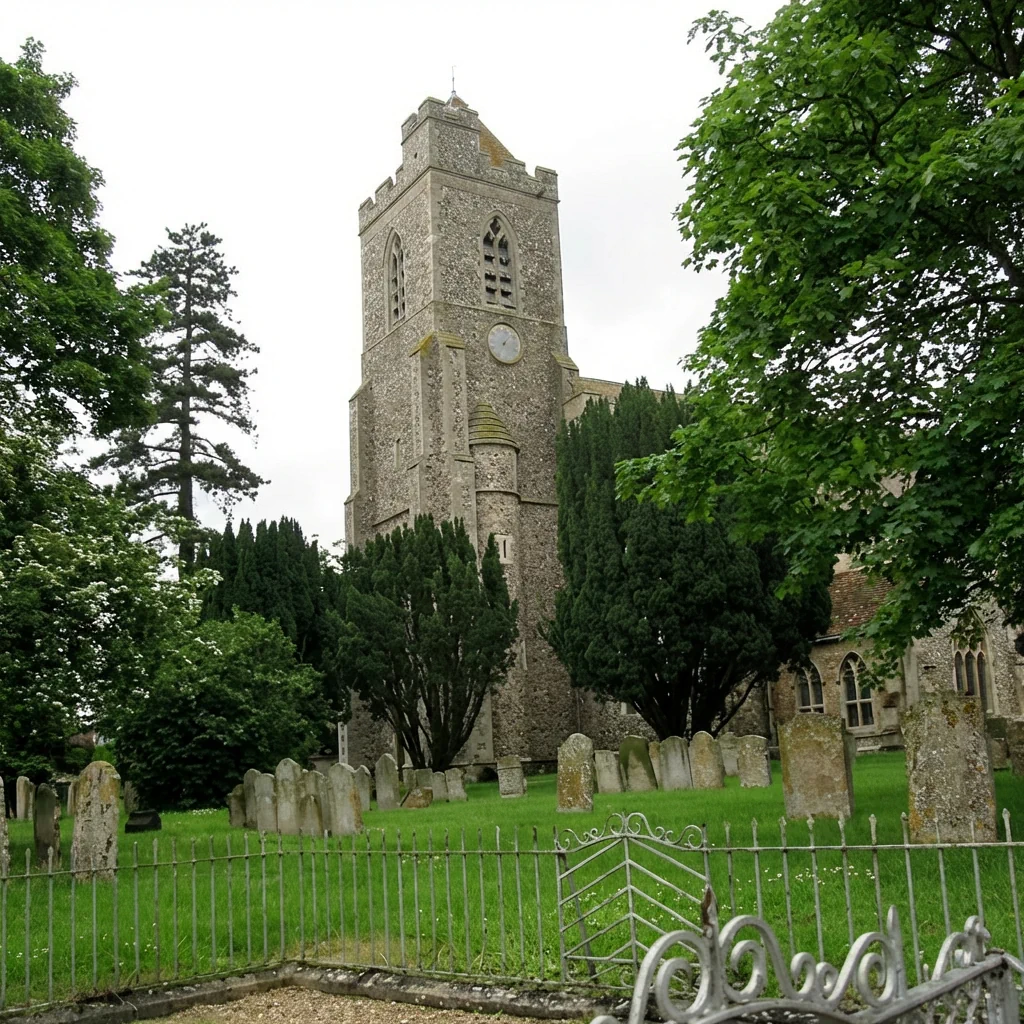Churchyard The tower is surrounded by the historic cemetery or churchyard visible behind the iron railings at St Andrew Church Isleham Cambs England taken by Sheila Anastas