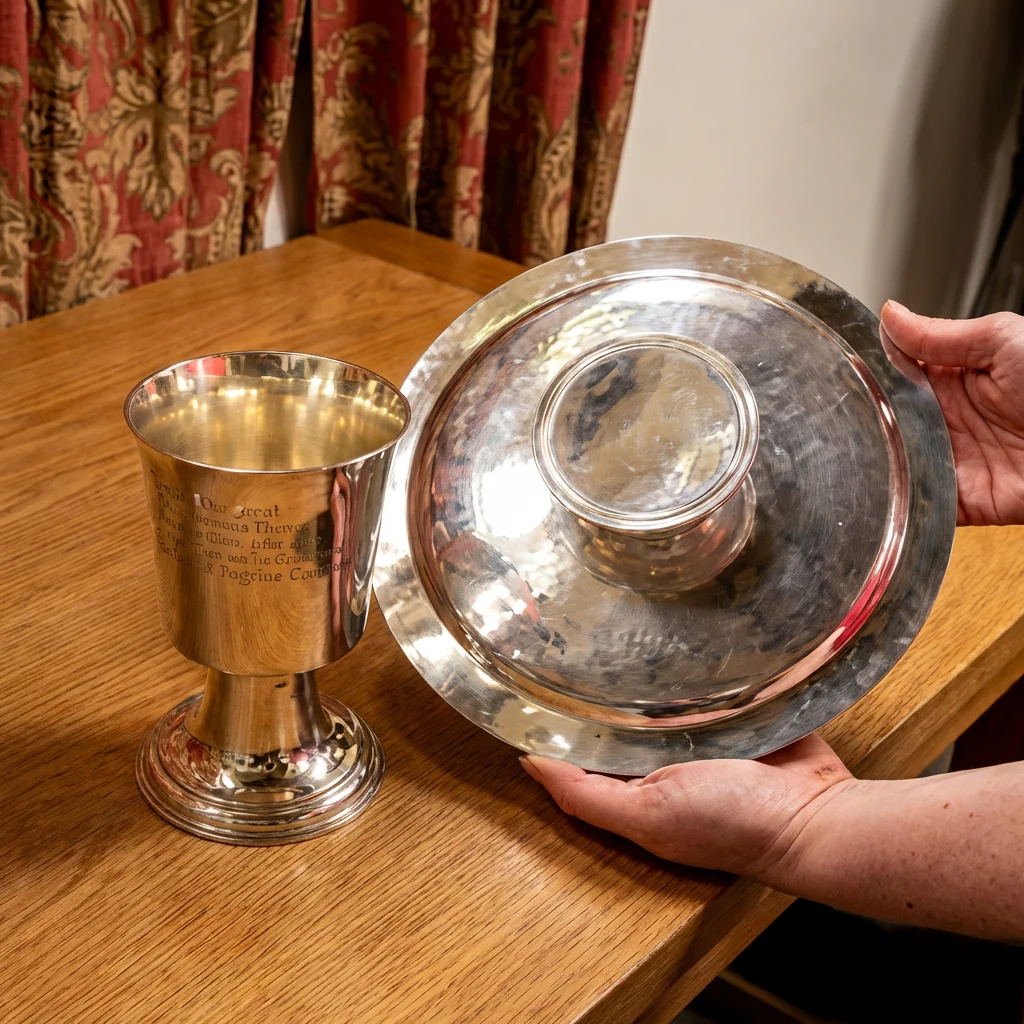 Cover and metal cup inside St Andrews church 1331 Isleham cambridgeshire england