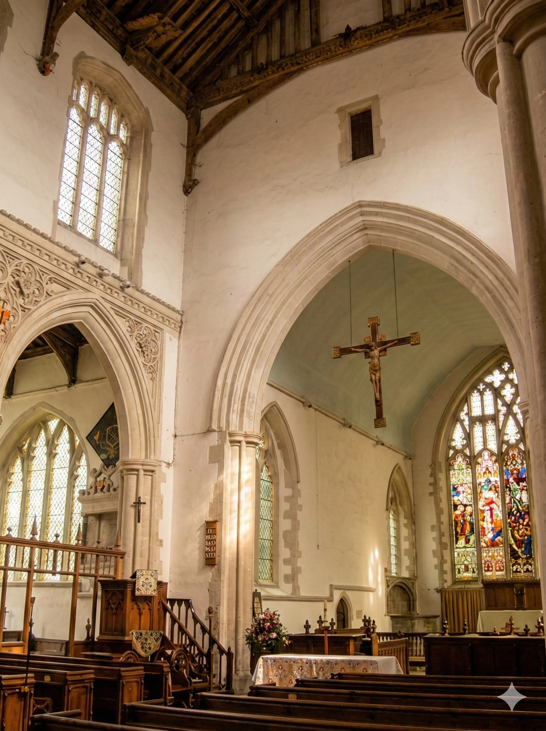 Inside with cross showing St Andrews church 1331 Isleham cambridgeshire england