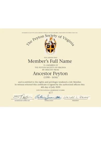 Peyton society of Virginia replacement membership certificate