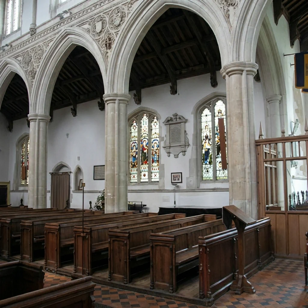 Wide view shows the pews and the interior of the nave inside St Andrew Church Isleham Cambs England taken by Sheila Anastas
